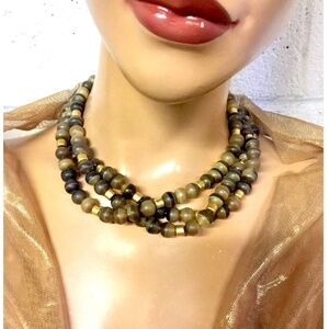 VTG Triple Strand Striped Shades of Brown/Gold Plastic Beaded Choker Necklace